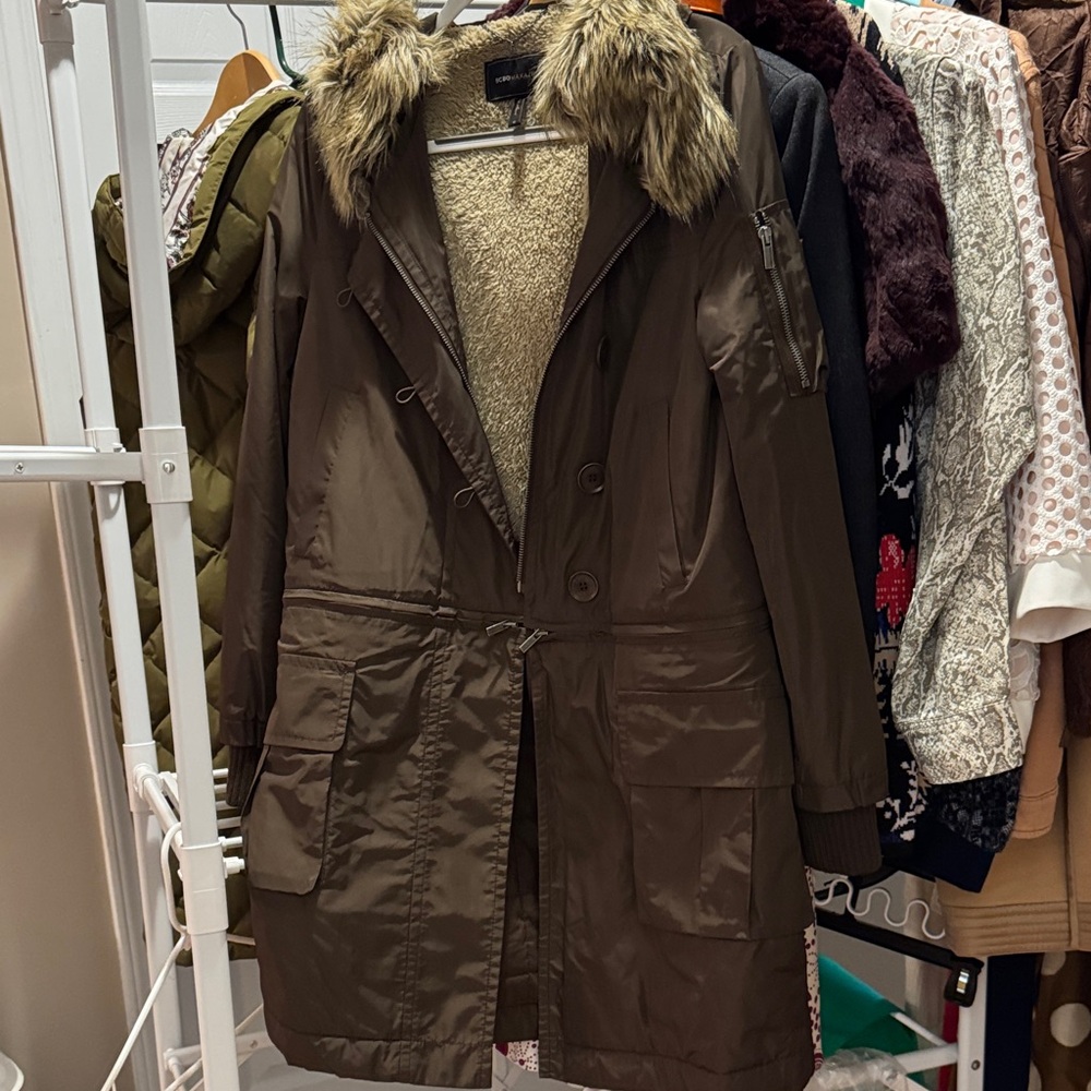 BCBGMaxAzria Olive Utility Jacket with Faux Fur Trim